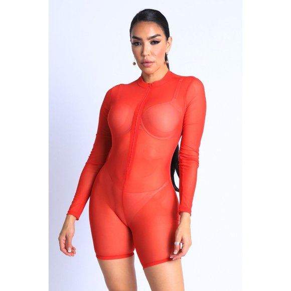 Women Sexy See Through Sheer Mesh Zip Up Bodysuit Jumpsuit Club Party Romper - Picture 10 of 10